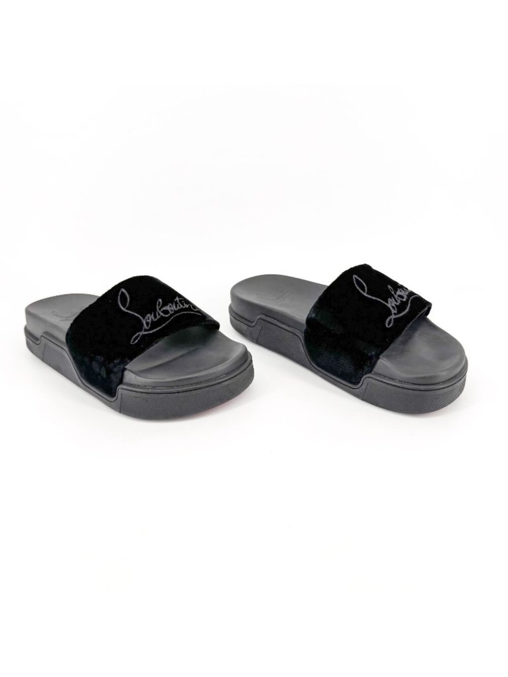 Christian Louboutin 'Navy Pool' Slide Sandals Size 37 US 7 Black Velvet Logo 35